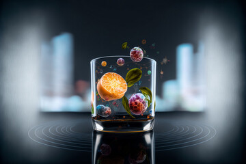 Cocktail made with orange, mint, and pomegranate. Perfect for any occasion, this unique combination of sweet and tangy flavors will elevate any event or celebration. Created with generative AI.