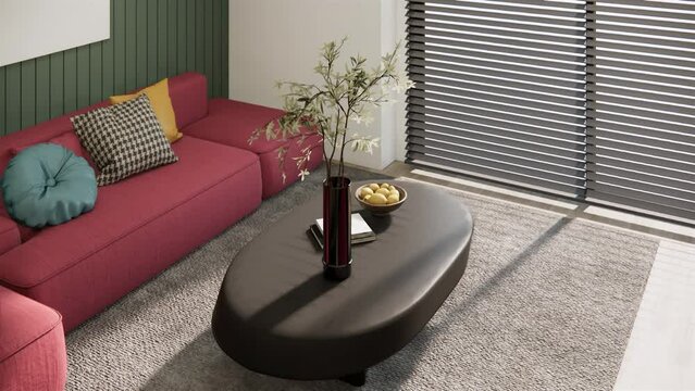 4K video top view living room interior design and decoration, viva magenta color sofa, grey carpet, sunlight from blinds window. 3d renderings animation interior scene.