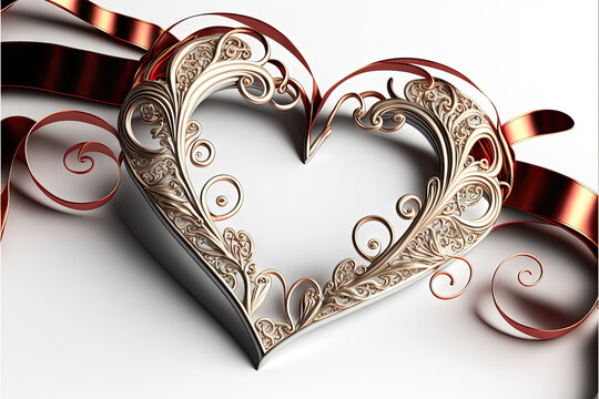 Valentine's Day Heart. Realistic 3d design, hearts with decorative gifts, ribbons and golden elements. Romantic background, creative banner, wedding invitation or poster. Digital illustration