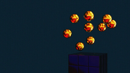 Dark navy abstract square with gold spheres flying above it on a dark background 3D rendering