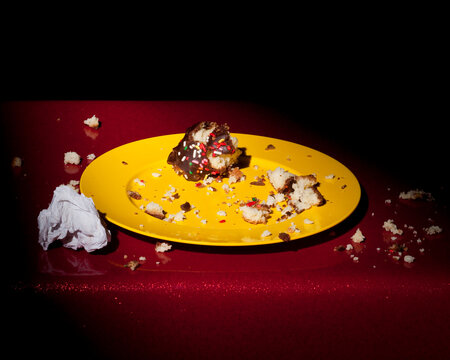 A doughnut lies on a plate after being devoured, Hinesburg VT.