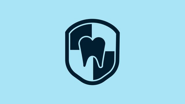 Blue Dental protection icon isolated on blue background. Tooth on shield logo. 4K Video motion graphic animation