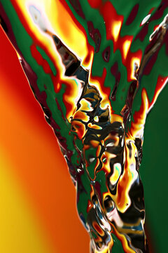 Macro of a water drop with an abstract shape and reflecting a multicolored background.