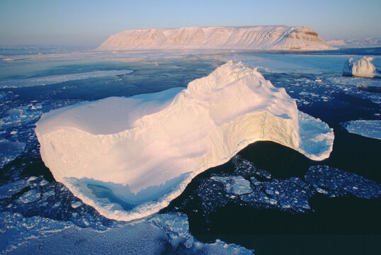 Giant icebergs drift in open water.