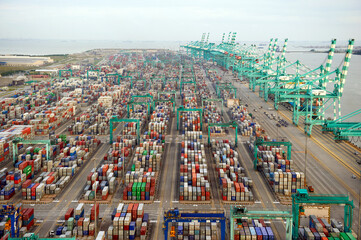 A container terminal shipping port in Johor, Malaysia.