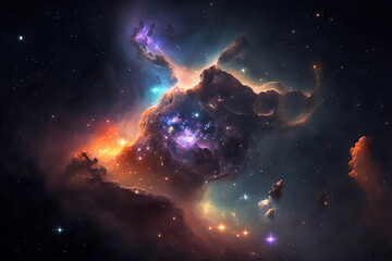 Obraz na płótnie Canvas Colorful cosmos full of stars and piercing light. Background with galaxy and nebula. Cloudy clouds. Backdrop for your desktop or wallpaper. Graphic design illustration. 