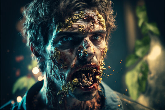 A zombie man with open mouth and fungus coming out of his mouth