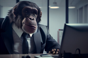 Chimp in suit sitting behind a desk