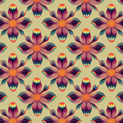 seamless floral pattern backdrop with psychedelic colorful flowers noise in retro style generative ai