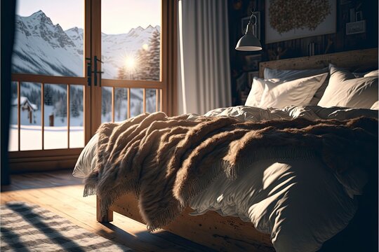 comfortable cocooning bed in winter in a wooden chalet in the mountains