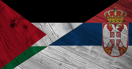 Background with flag of Serbia and Palestine on wooden split board. 3d illustration