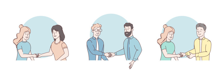 Meeting of business people. Several couples of people in business clothes shaking hands. Symbol of success deal, happy partnership, greeting shake, handshaking agreement. Set of vector illustrations