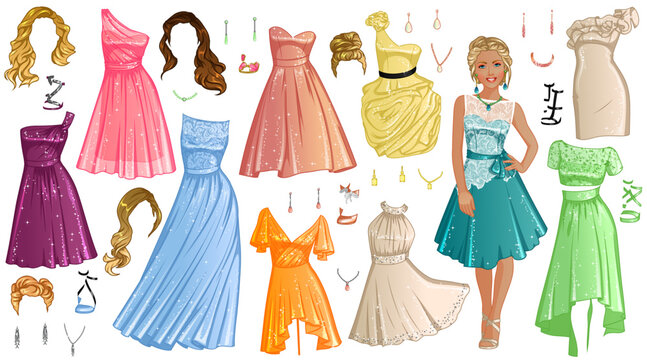 Bridesmaid Paper Doll with Beautiful Lady, Dresses, Hairstyles and Accessories. Vector Illustration
