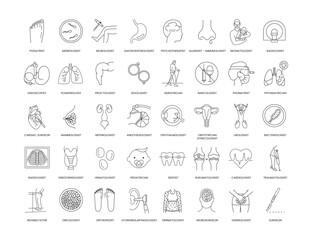 Professions in medicine a set of linear icons in vector includes.