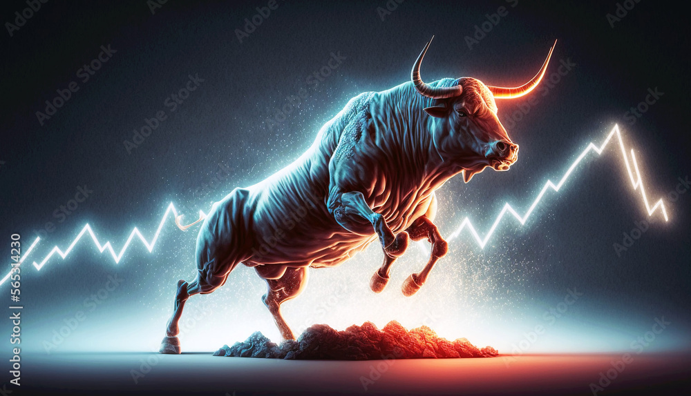 Wall mural crypto bull jumping on a trading price chart. generative ai.