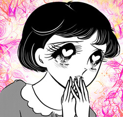 目がハートゾッコンベタ惚れ推しに全力投球する黒髪大きな瞳の昭和レトロ風美少女ペン画イラスト