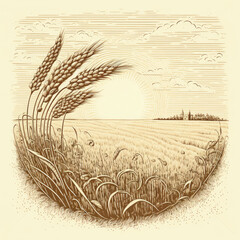 Farm, agriculture sketch. Rural landscape in engraving style. Vector Illustration of hand drawn doodle. Woodcut. Generative AI
