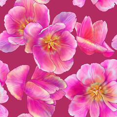 Seamless floral pattern with pink large tulips on magenta background.