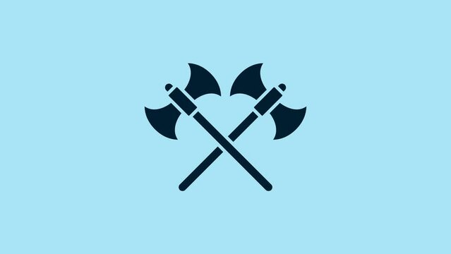 Blue Crossed medieval axes icon isolated on blue background. Battle axe, executioner axe. 4K Video motion graphic animation