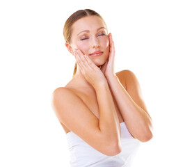 Portrait of a young model touching her face with her hands and feeling the smoothness after the facial treatment Isolated on a PNG background.