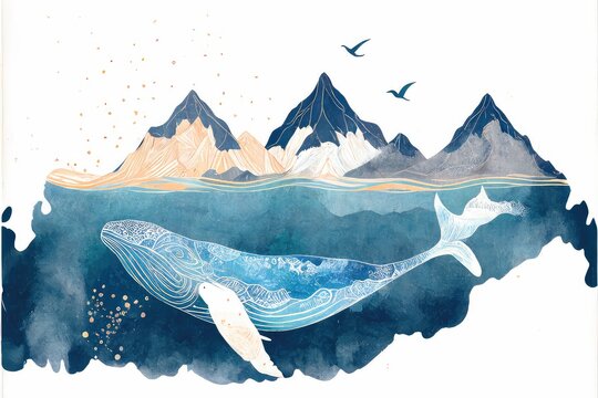 Blue whale in sea, mountains and birds, watercolor drawing. Generative AI