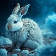 white rabbit with blue eyes on a snowy background