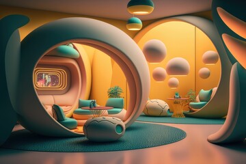 Obraz na płótnie Canvas Illustration of comfy living room from the year 2050 ,made with Generative AI