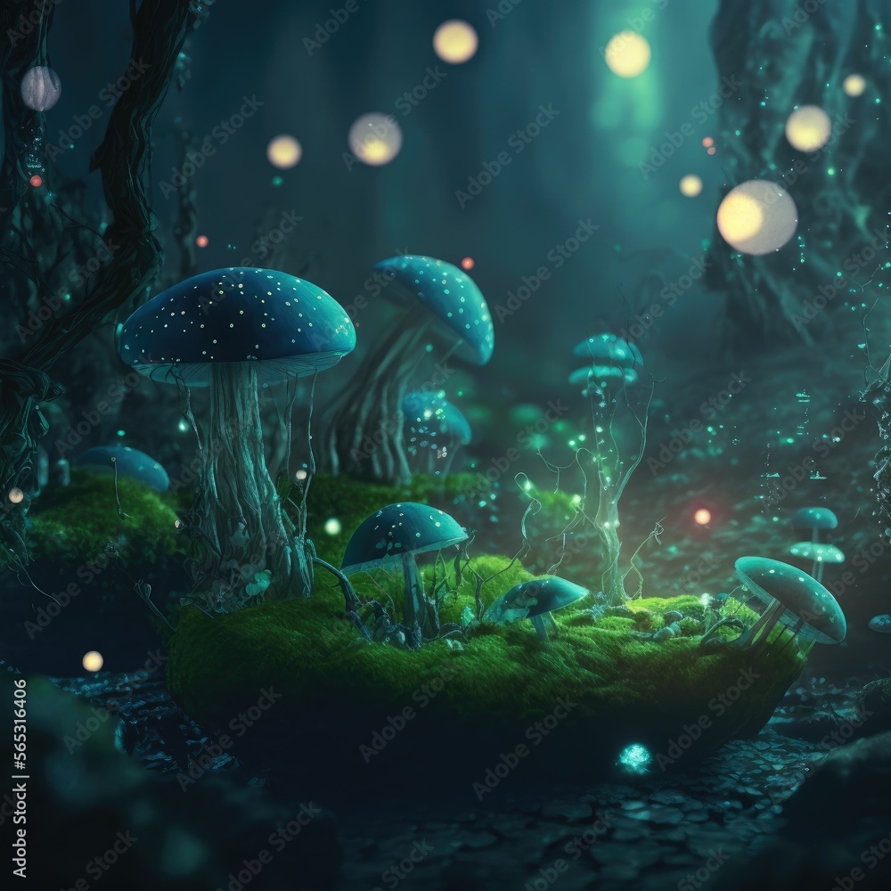 Aufkleber glowing mushroom with fireflies in the magic forest ,made with generative ai