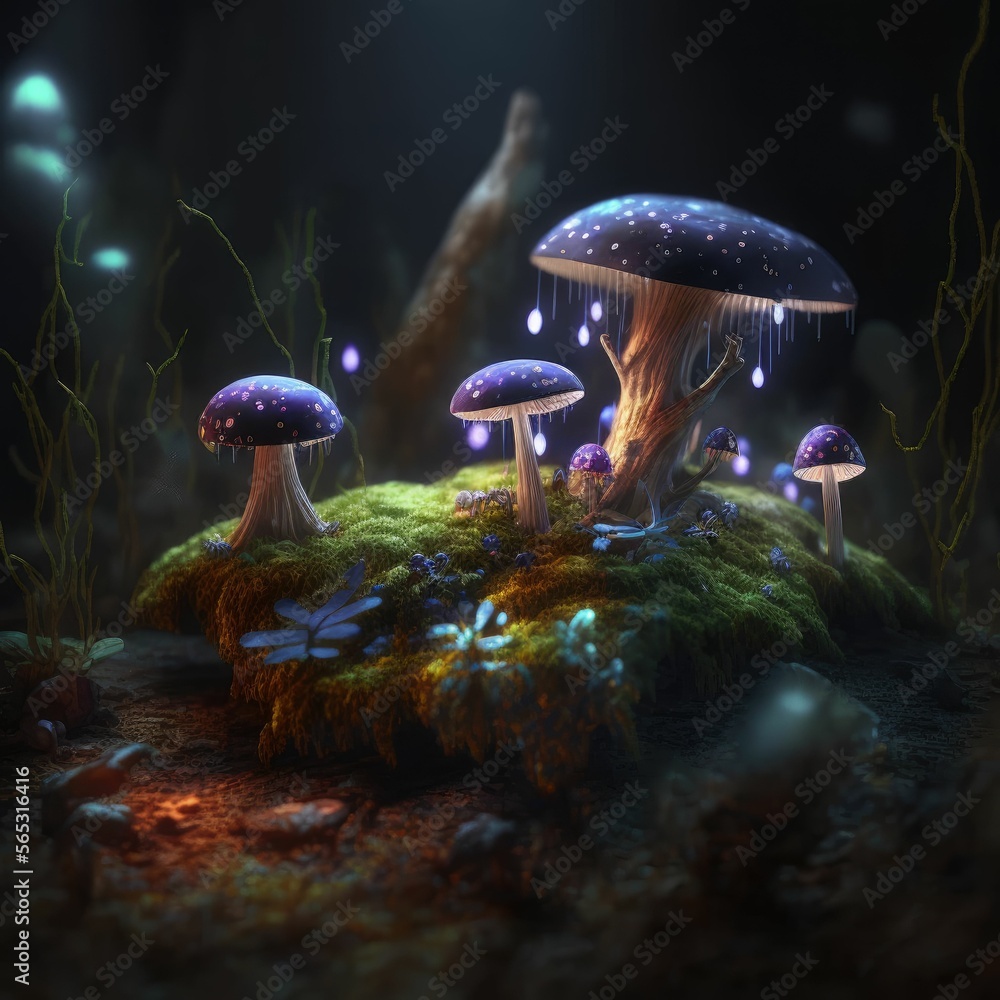 Aufkleber glowing mushroom with fireflies in the magic forest ,made with generative ai