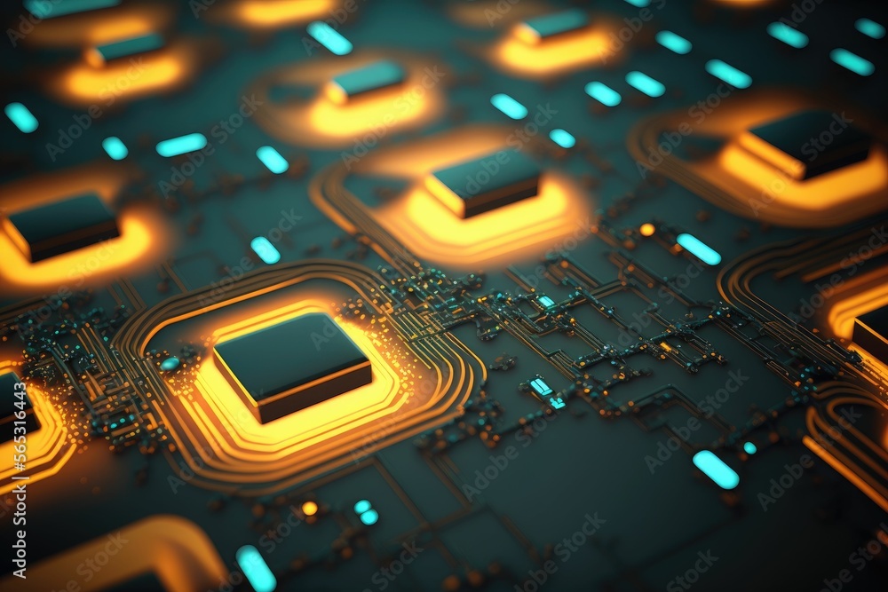 Poster macro abstract electronic circuits, bright neon lights ,made with generative ai