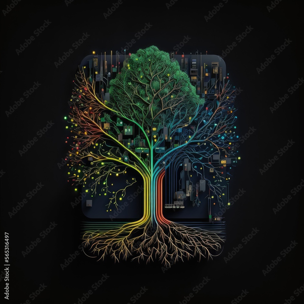 Aufkleber growing internet startup , digital green tree growing from network of data and information ,made wit