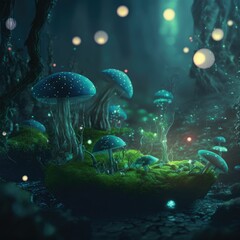 Fototapeta na wymiar Glowing mushroom with fireflies in the magic forest ,made with Generative AI