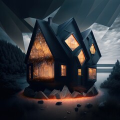 Creative luxury tiny house at night, futuristic concept ,made with Generative AI