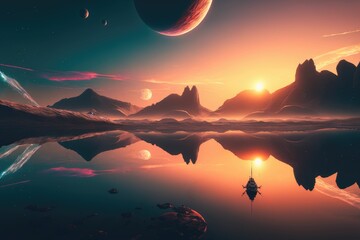 Sci-fi alien planet landscape, big moon at night ,made with Generative AI