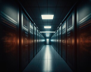 Fototapeta premium Data center with server room. Platform for hosting contemporary Internet contents. Rack housing server data storage hardware ,made with Generative AI
