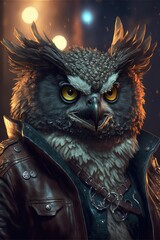 Cute punk owl with leather jacket ,made with Generative AI