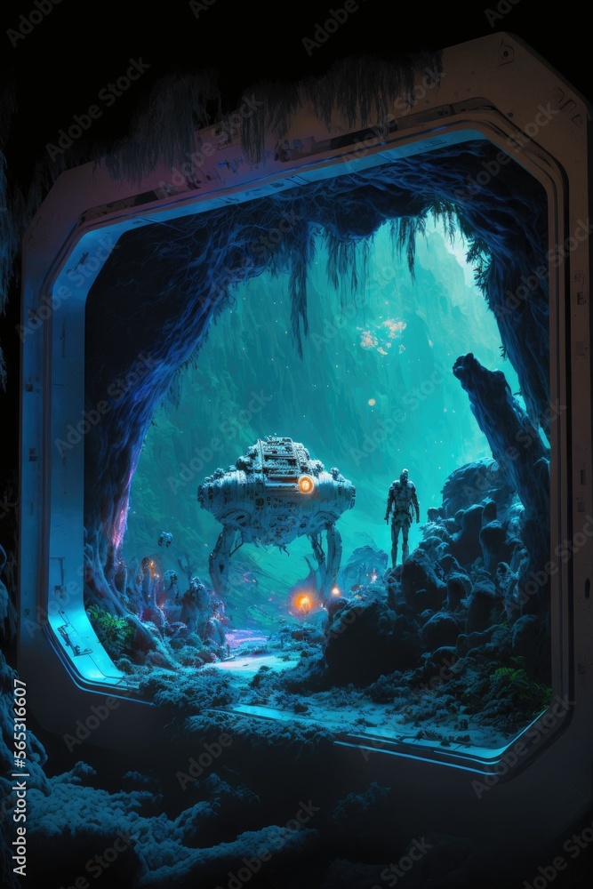 Poster secret scientific laboratory on an alien planet. robot drone with human operator ,made with generati