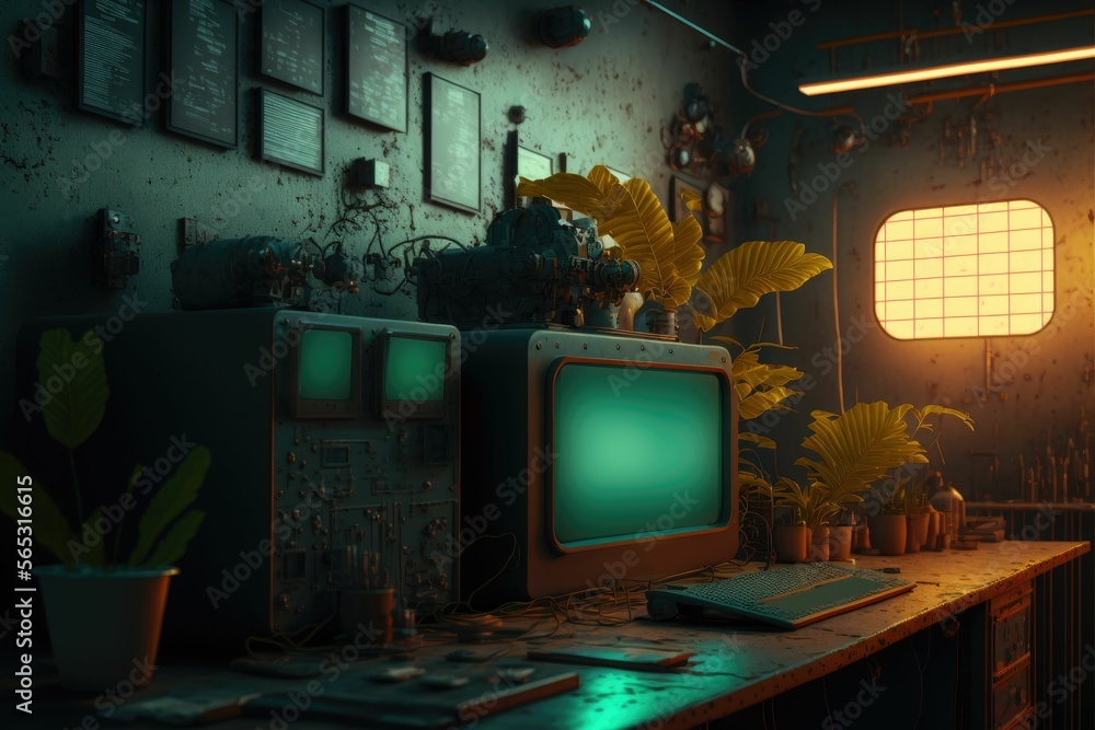 Poster cyberpunk data center room with mainframe storage servers, vintage cloud network concept, hosting da