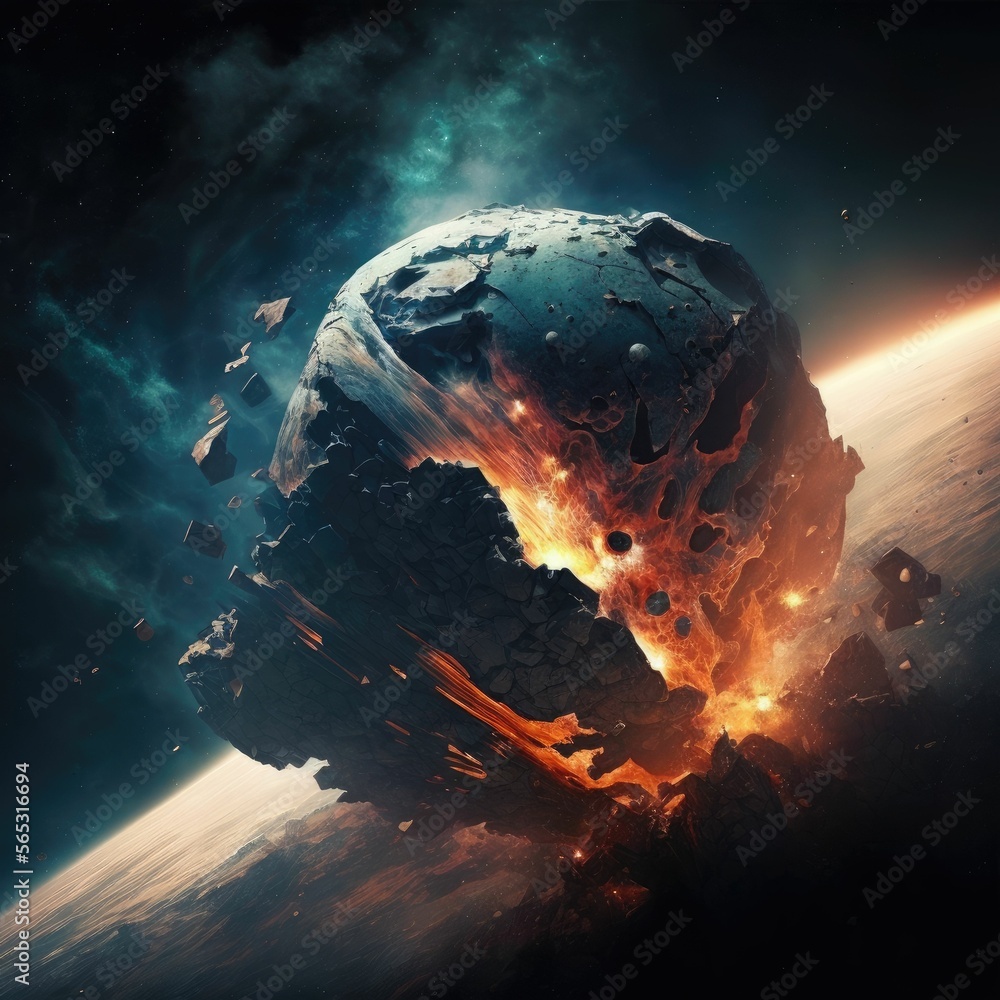 Poster two colliding planets with explosion in space ,made with generative ai