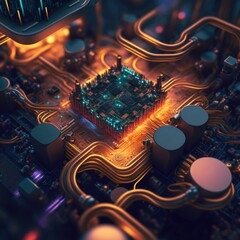 Amazing computer chip board, abstract electronic circuits, bright neon lights ,made with Generative AI