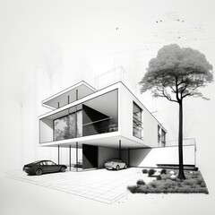 Architectural sketch of a modern house. Painting of a house sketch. Technical draw of modern two story house ,made with Generative AI