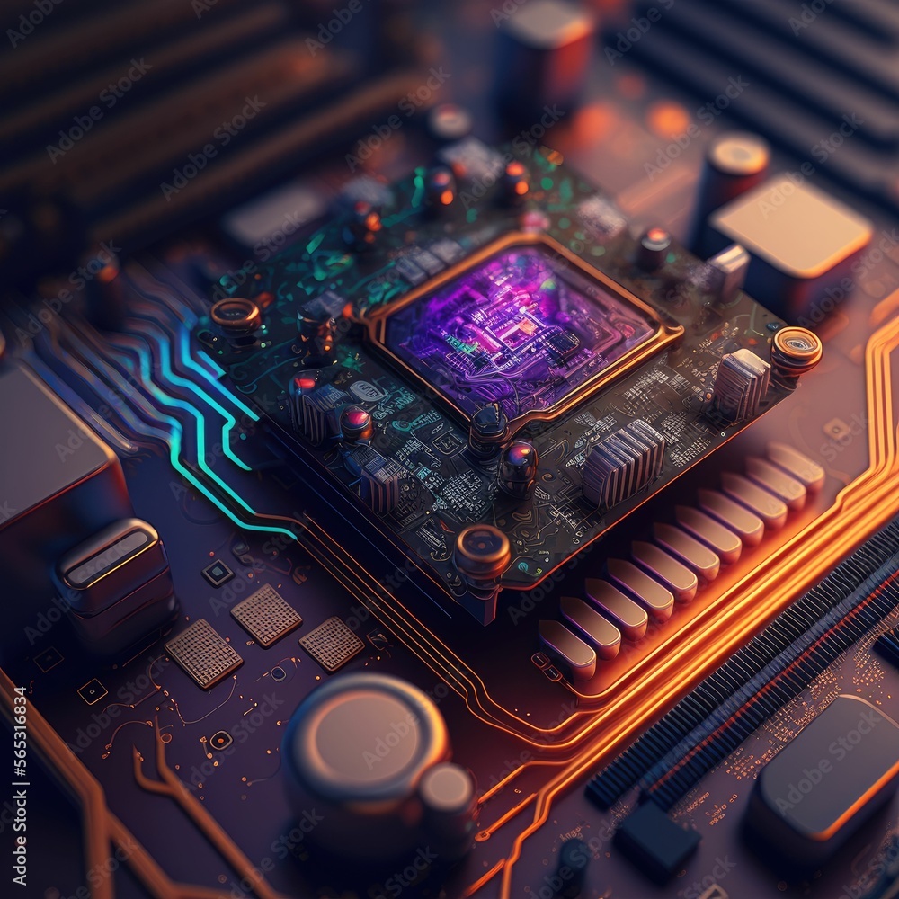 Poster amazing computer chip board, abstract electronic circuits, bright neon lights ,made with generative 