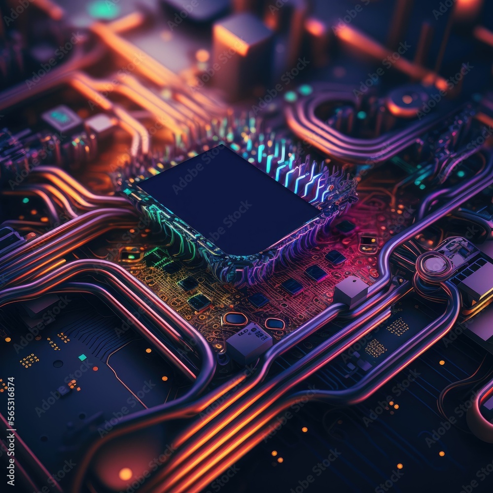 Poster amazing computer chip board, abstract electronic circuits, bright neon lights ,made with generative 
