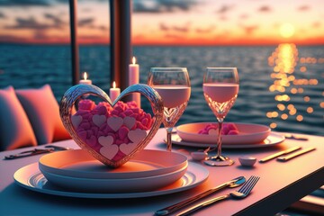 Romantic valentines day anniversary wedding dinner table decoration on the luxury yacht ,made with Generative AI - obrazy, fototapety, plakaty