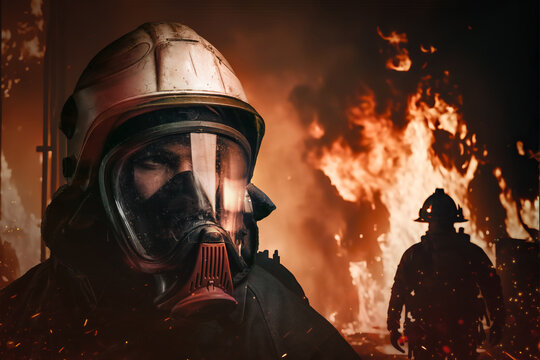 Teamwork of two firefighters dressed in protective uniform and helmet in heat of inferno.