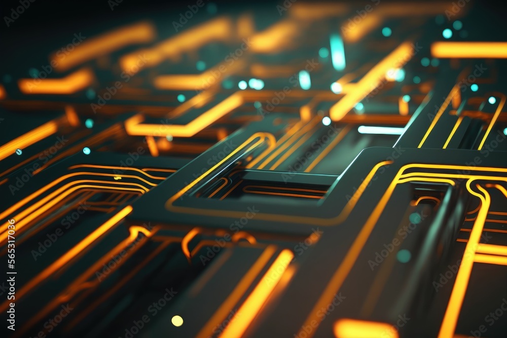 Poster macro abstract electronic circuits, bright neon lights ,made with generative ai