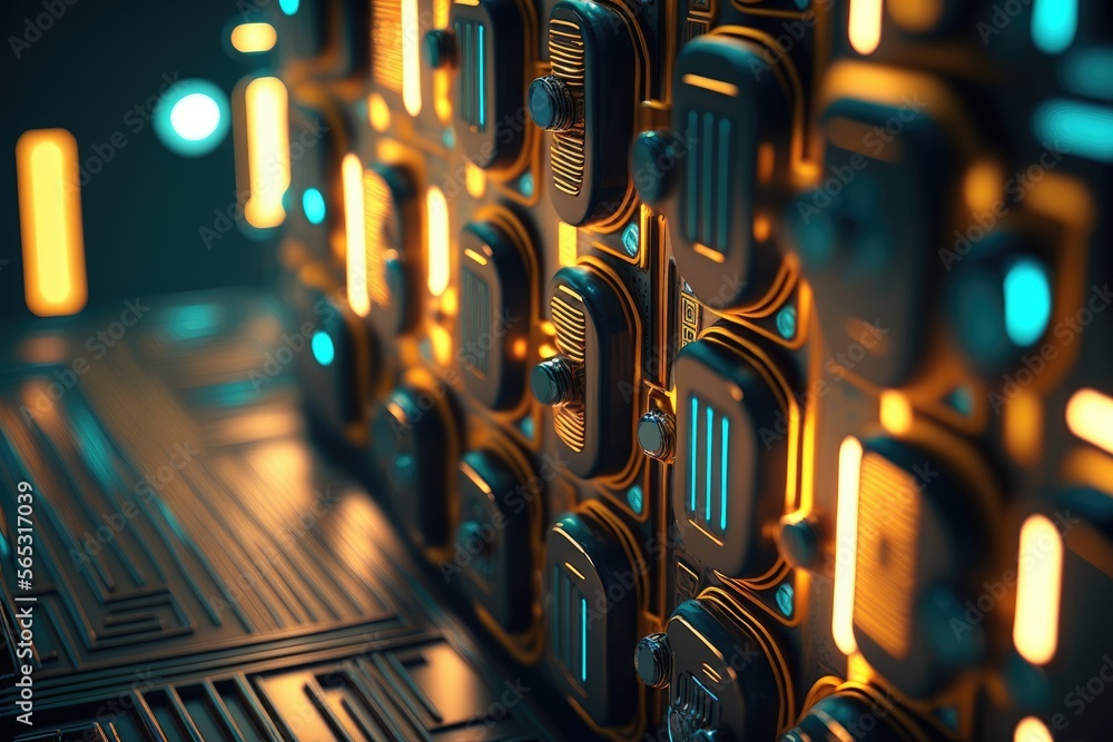 Poster macro abstract electronic circuits, bright neon lights ,made with generative ai