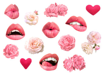 Romantic set of roses and lips for valentine day and love illustration.  Lips sending you hot...