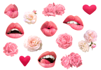 Romantic set of roses and lips for valentine day and love illustration.  Lips sending you hot gentle kiss isolated on a transparent background. Roses isolated on a transparent background. Beauty Sexy 