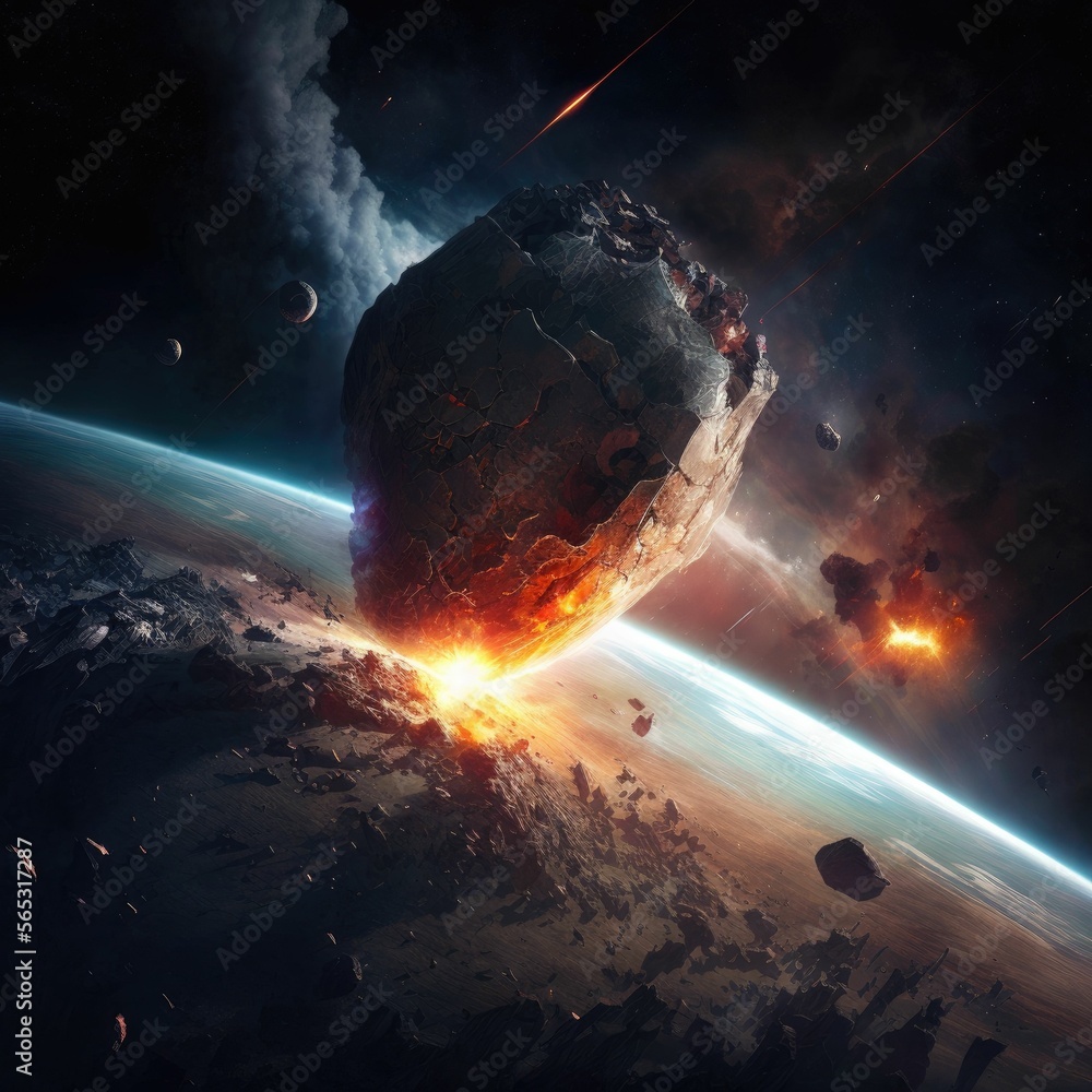 Poster two colliding planets with explosion in space ,made with generative ai